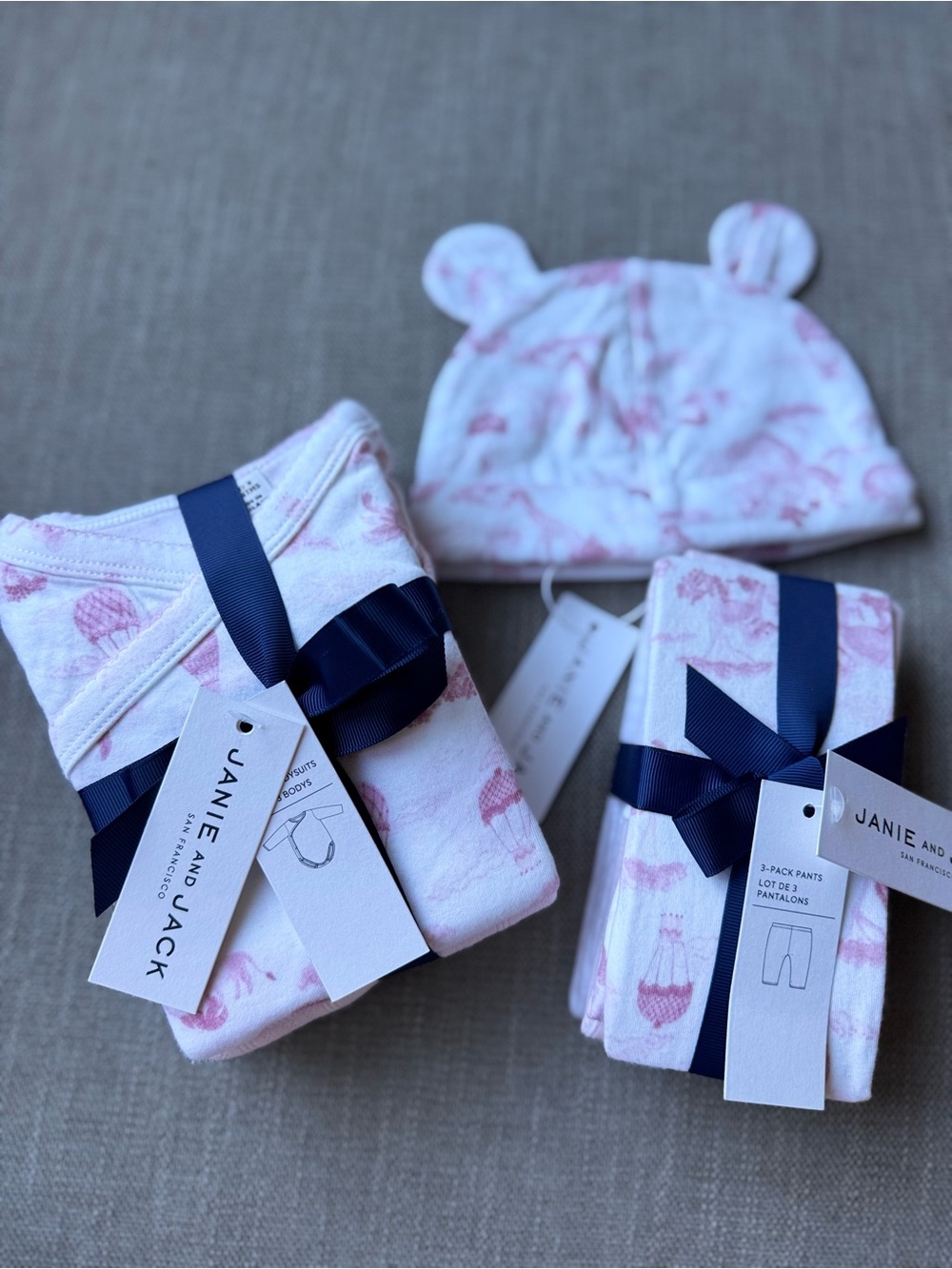 Janie and Jack White & Pink Baby Hat, bodysuits and Pants Sets